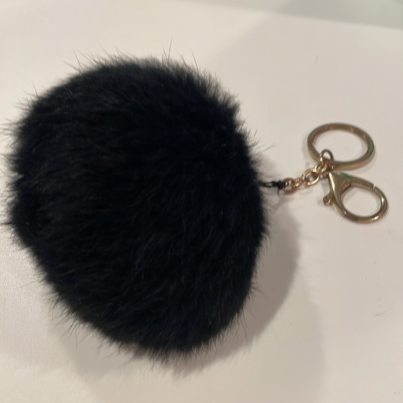 Rabbit Fur Fluff Ball - Pom Pom Key Fob black real fur 3” round. Purse charm - Picture 7 of 8